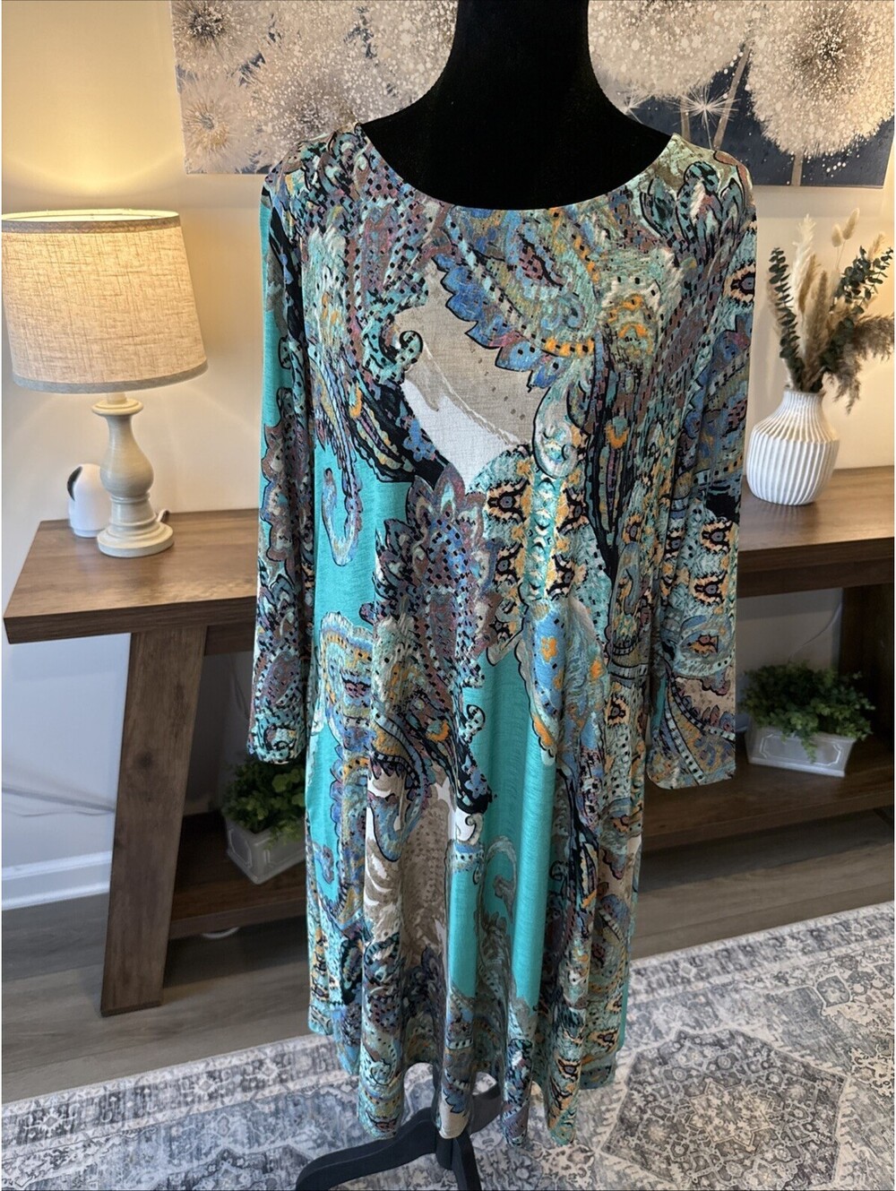Paisley Grace Boutique Dress Long Sleeve Teal Paisley Size L